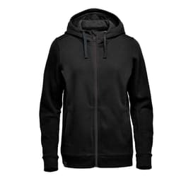 A black women's fleece hoody with a zip-up front and drawstring hood, featuring a branded logo.