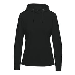 A women's pullover hoody in dark green, featuring a front pocket and drawstring hood. It has a logo on the front.