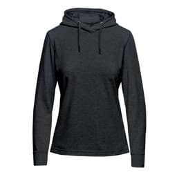 A dark grey women's pullover hoody with a front pocket and drawstring hood. Features a logo.