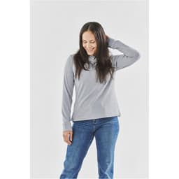 A grey women's pullover hoody with a relaxed fit, featuring long sleeves and a hood.