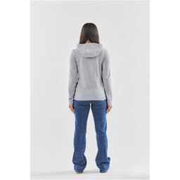 A grey women's pullover hoody with a hood, viewed from the back, paired with blue jeans.