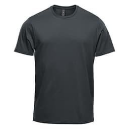 A dark green men's short sleeve tee with a simple design and a logo on the label.