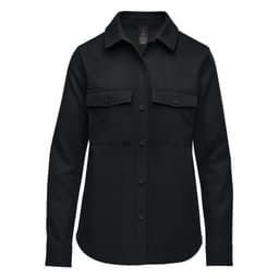 A black women's shacket featuring a button front, two chest pockets, and long sleeves. There is a logo on the inside label.