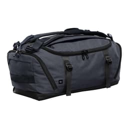A dark grey duffel bag with black accents and multiple zippered compartments, featuring a logo on the side.