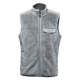 A grey men's sherpa fleece vest featuring a zip front, high collar, and a chest pocket with branding.