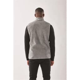 A grey men's Sherpa fleece vest with a high collar, featuring a logo on the back.