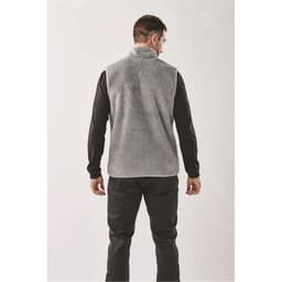 A grey men's Sherpa fleece vest, featuring a back view with a soft, textured design.