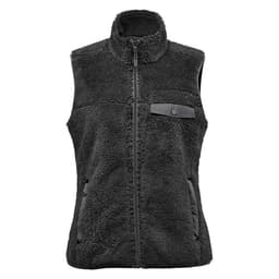 A black women's Bergen Sherpa fleece vest with a high collar and front zip, featuring side pockets and a logo.