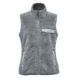 A grey women's sherpa fleece vest with a high collar, zipped front, and two side pockets. It features a small pocket on the chest.