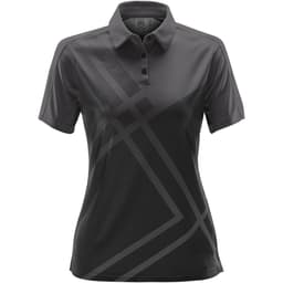 A dark grey women's polo shirt featuring a geometric pattern and a collar. The shirt has a logo on it.