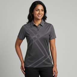A women's polo shirt in grey with a geometric pattern and a collar. It features a logo on the chest area.