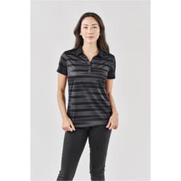 A women's polo shirt in black with subtle stripes, featuring a collar and a branded logo.