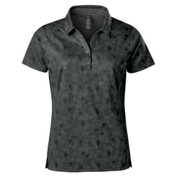 A women's polo shirt in dark green featuring a geometric pattern and a collar, with a logo on it.