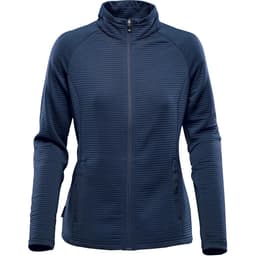 A women's jacket in navy blue with a textured design, featuring a zip front and side pockets, branded logo included.
