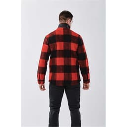 A unisex caribou fleece jacket in a red and black checkered pattern, featuring a logo.