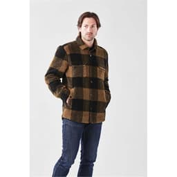 A unisex fleece jacket in brown and black checkered pattern with two front pockets and a branded logo.