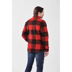 A unisex fleece jacket in red and black check pattern, featuring a collar and a logo on the back.