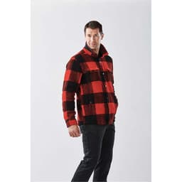 A red and black checkered unisex Caribou fleece jacket with a collar and front pockets.