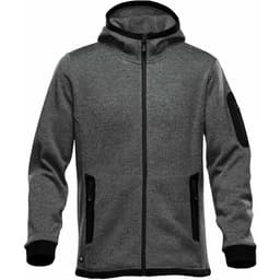 A grey knit hoodie with a zip front, featuring black accents and pockets, and a logo on the sleeve.