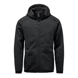 A black full zip fleece hoody featuring a hood and multiple zippered pockets. It has a logo on the front.