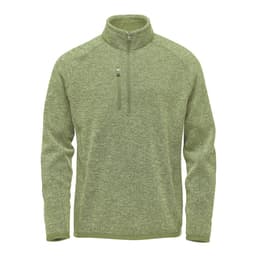 A green men's quarter zip pullover with a textured finish and a front zip pocket. Features a logo on the chest.