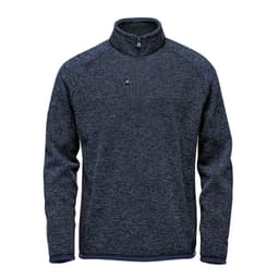 A navy blue pullover jumper with a quarter zip, featuring a chest pocket and textured fabric.