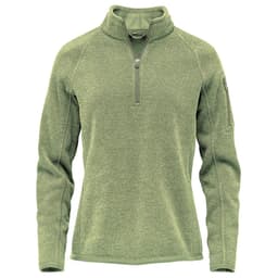 A green women's pullover featuring a quarter zip and long sleeves, with a side pocket and a logo.