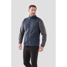 Men's Avalante Full Zip Fleece Vest in navy and grey, featuring a zippered front and side pockets. Includes a logo.