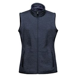 A women's full zip fleece vest in dark grey, featuring a high collar and two side pockets. It has a logo on it.
