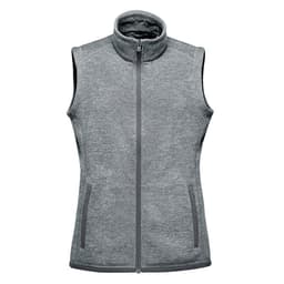 A grey women's fleece vest with a full zip and high collar, featuring two side pockets and a logo.
