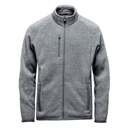 A men's full zip fleece jacket in grey with two side pockets and a chest pocket. Includes branding on the garment.