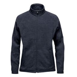 A women's full zip fleece jacket in dark grey with a logo on the sleeve and zippered pockets.