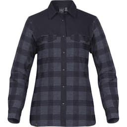 A women's button-up shirt in a black and grey plaid pattern, featuring a solid black yoke and two chest pockets.