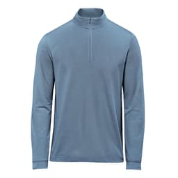 A men's pullover in a soft blue shade with a quarter zip and long sleeves; features a logo.