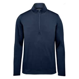 A navy 1/4 zip pullover with long sleeves and a stand-up collar, featuring a logo.