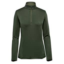 A women's pullover in dark green with a 1/4 zip and long sleeves, featuring a logo on the chest.