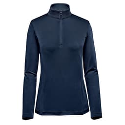 A women's 1/4 zip pullover in navy blue with long sleeves and a high collar, featuring a small logo.