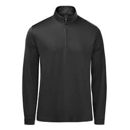 A black men's pullover featuring a 1/4 zip and long sleeves, with a simple design and branding.