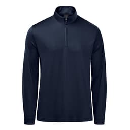 A navy blue men's pullover featuring a 1/4 zip collar and long sleeves, with a logo on the chest.