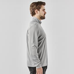 A light grey 1/4 zip pullover for men, featuring a sleek design and a logo on the chest.