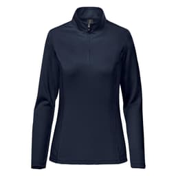 A navy women's pullover with a quarter zip and long sleeves. The design includes a logo on the garment.