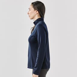 A navy women's pullover with a 1/4 zip and high collar, featuring a fitted silhouette. তেওঁ