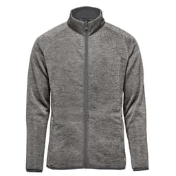 A grey men's fleece jacket with a full zip and a high collar, featuring a logo on the chest.