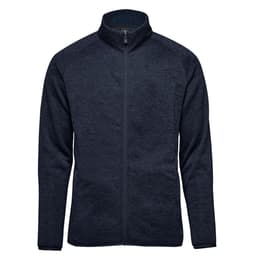 A navy full zip fleece jacket featuring a high collar and a logo on the left chest.