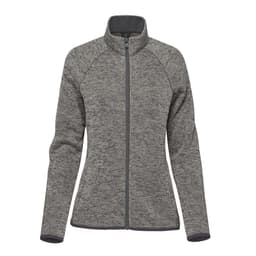 A women's full zip fleece jacket in grey with a fitted design and stand-up collar. It features a logo.