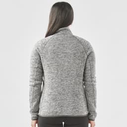 A women's full zip fleece jacket in grey, featuring a textured design and a high collar, with a visible logo.