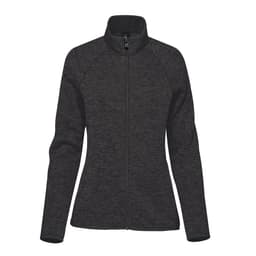 A women's full zip fleece jacket in black, featuring a fitted design and a stand-up collar. Includes a logo.