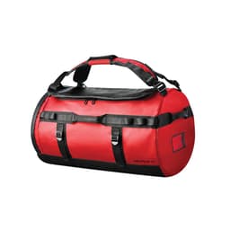 A red and black waterproof duffle bag with adjustable straps and a logo.
