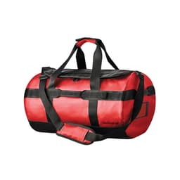 A red waterproof duffle bag with black accents, featuring carrying handles and a shoulder strap. It has a logo.