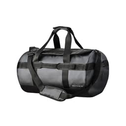 A waterproof duffle bag in dark grey, featuring sturdy handles, a detachable strap, and a logo.
